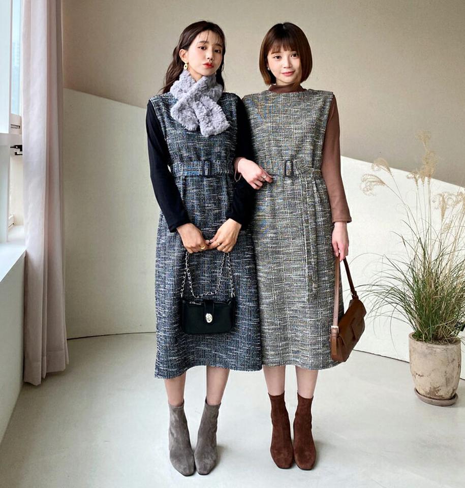 TシャツSETベルト付ツイードワンピース・全2色・b56491 レディース 【ops】【韓国 ファッション セット ワンピース ノースリーブ スリーブレス ロング Hライン コクーン Tシャツ カットソー ハーフネック 長袖 上品 エレガント 高見え カジュアル 秋 冬】