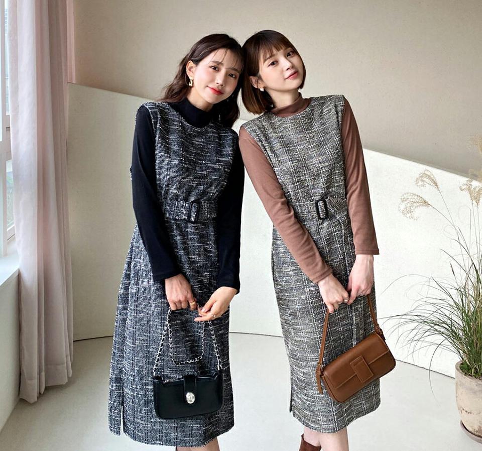 TシャツSETベルト付ツイードワンピース・全2色・b56491 レディース 【ops】【韓国 ファッション セット ワンピース ノースリーブ スリーブレス ロング Hライン コクーン Tシャツ カットソー ハーフネック 長袖 上品 エレガント 高見え カジュアル 秋 冬】