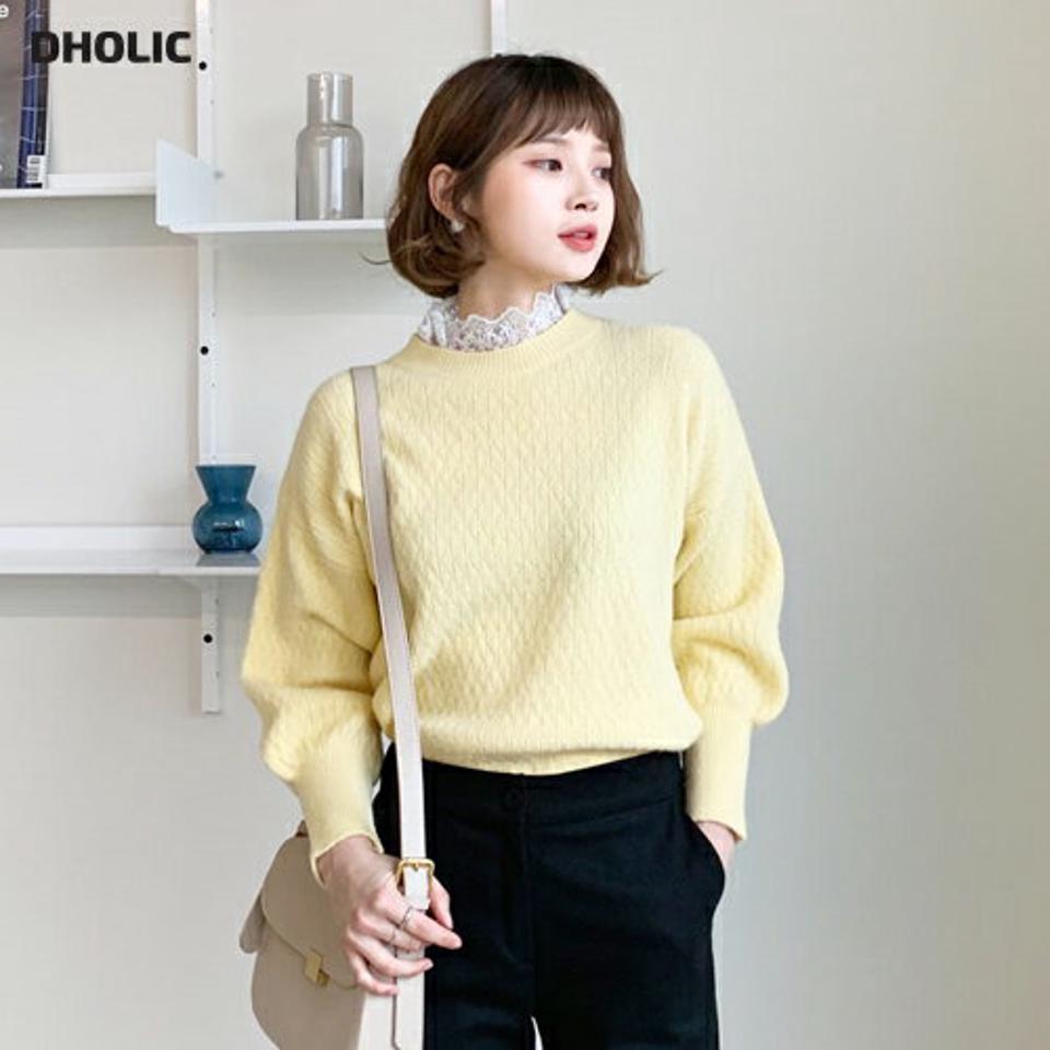 レースフリルネックニット・全3色・b56470 レディース 【tops】【韓国 ファッション トップス ニット レースネック フリルネック ハーフネック モックネック 長袖 パフスリーブ ぼわん袖 ボリューム袖 テクスチャー パステル きれいめ 無地 秋 冬】