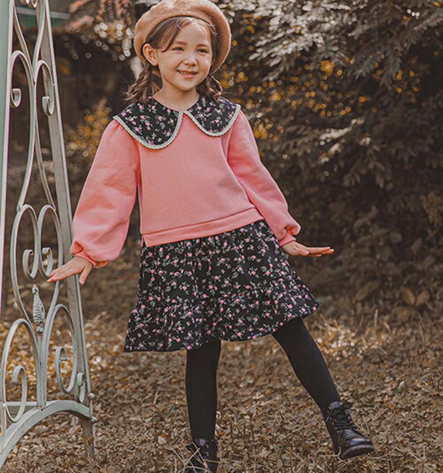 裏起毛花柄ドッキングワンピース(ピンク)・p009853 キッズ【3~8才】【ops】【ワンピース ミディ丈 ミディワンピース 長袖 ドッキング 裏起毛 花柄 フラワー かわいい 女の子 冬 韓国 韓国子供服 子供 こども 子供服 こども服】【KIDS】