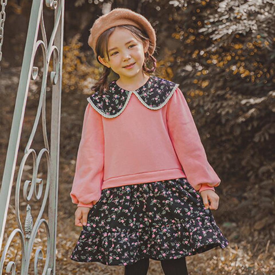 裏起毛花柄ドッキングワンピース(ピンク)・p009853 キッズ【3~8才】【ops】【ワンピース ミディ丈 ミディワンピース 長袖 ドッキング 裏起毛 花柄 フラワー かわいい 女の子 冬 韓国 韓国子供服 子供 こども 子供服 こども服】【KIDS】