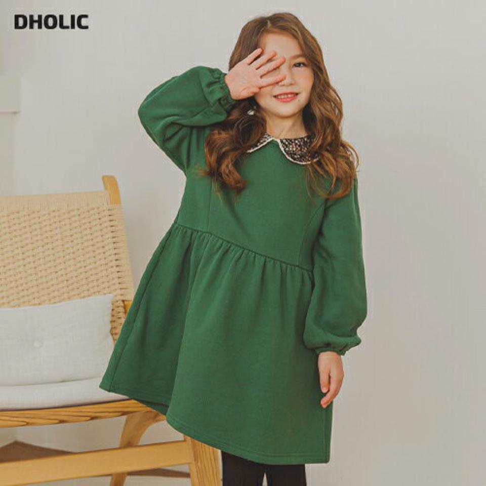 裏起毛花柄カラーワンピース(green)・p009859 キッズ【3~8才】【ops】【ワンピース ミディ丈 ミディワンピース 長袖 花柄 フラワー 丸襟 裏起毛 シンプル かわいい 女の子 冬 韓国 韓国子供服 子供 こども 子供服 こども服】【KIDS】