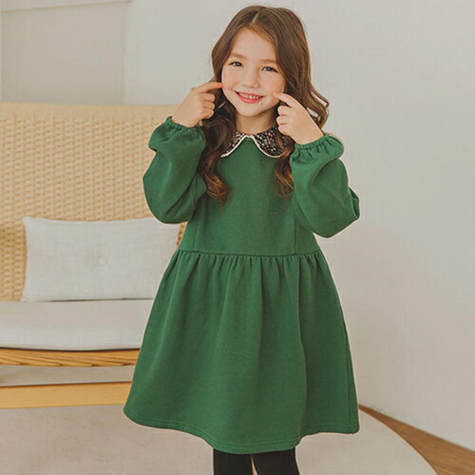 裏起毛花柄カラーワンピース(green)・p009859 キッズ【3~8才】【ops】【ワンピース ミディ丈 ミディワンピース 長袖 花柄 フラワー 丸襟 裏起毛 シンプル かわいい 女の子 冬 韓国 韓国子供服 子供 こども 子供服 こども服】【KIDS】