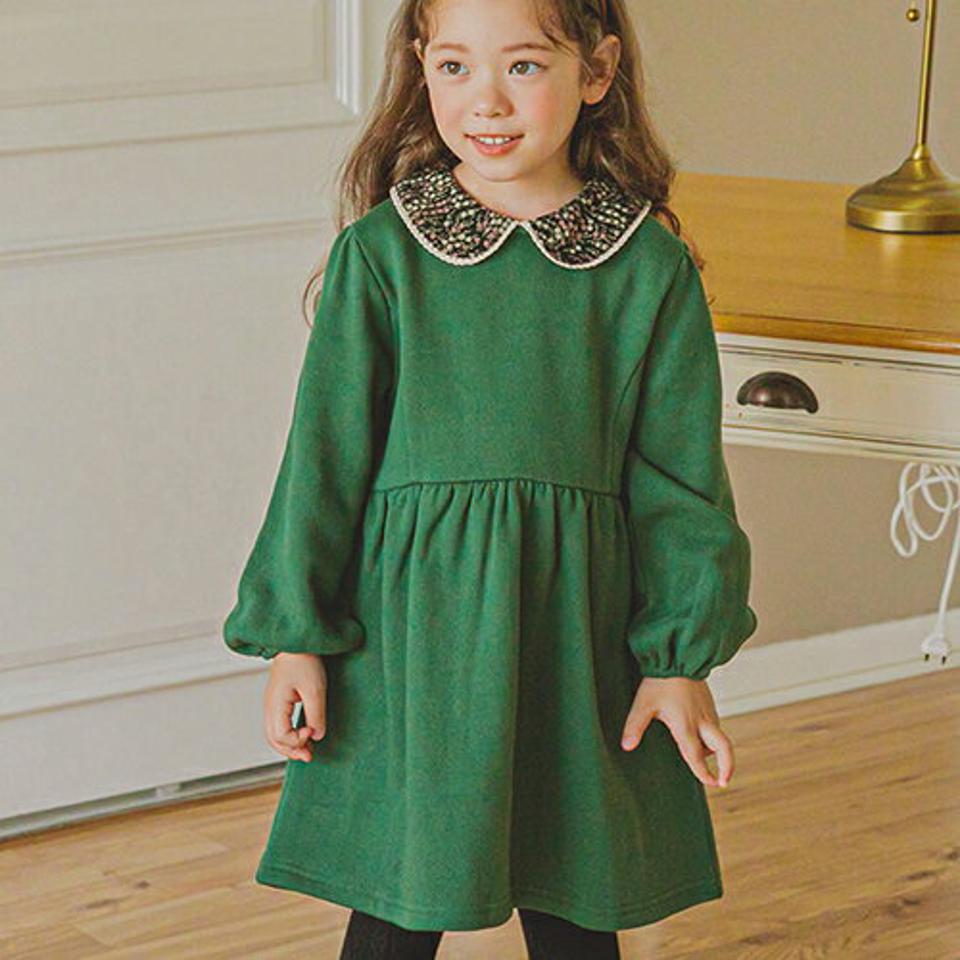 裏起毛花柄カラーワンピース(green)・p009859 キッズ【3~8才】【ops】【ワンピース ミディ丈 ミディワンピース 長袖 花柄 フラワー 丸襟 裏起毛 シンプル かわいい 女の子 冬 韓国 韓国子供服 子供 こども 子供服 こども服】【KIDS】