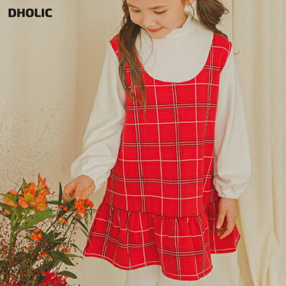 裏起毛レイヤード調チェックワンピース・p009864 キッズ【3~8才】【ops】【ワンピース ミディ丈 ミディワンピース チェック柄 レイヤード風 長袖 裏起毛 可愛い かわいい ガーリー 女の子 冬 韓国 韓国子供服 子供 こども 子供服 こども服】【KIDS】