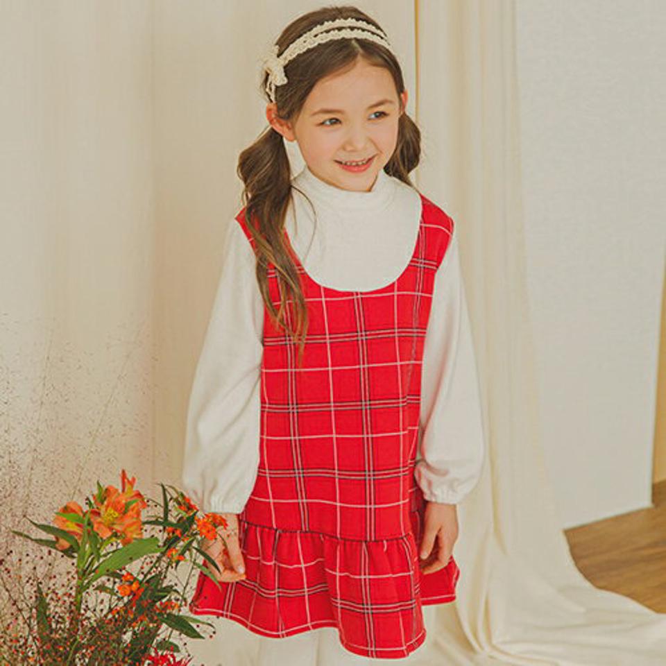 裏起毛レイヤード調チェックワンピース・p009864 キッズ【3~8才】【ops】【ワンピース ミディ丈 ミディワンピース チェック柄 レイヤード風 長袖 裏起毛 可愛い かわいい ガーリー 女の子 冬 韓国 韓国子供服 子供 こども 子供服 こども服】【KIDS】