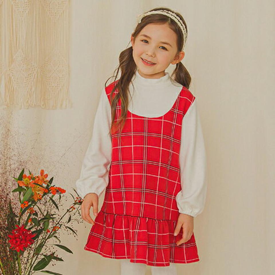 裏起毛レイヤード調チェックワンピース・p009864 キッズ【3~8才】【ops】【ワンピース ミディ丈 ミディワンピース チェック柄 レイヤード風 長袖 裏起毛 可愛い かわいい ガーリー 女の子 冬 韓国 韓国子供服 子供 こども 子供服 こども服】【KIDS】