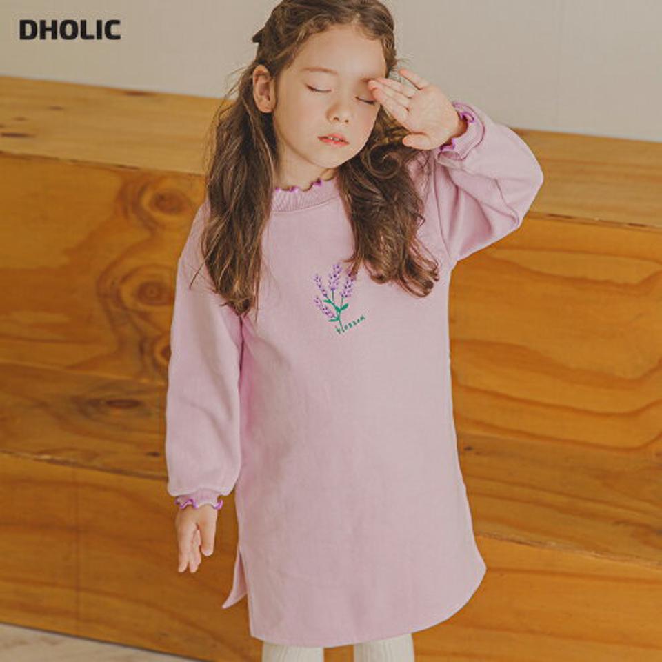 裏起毛ウェーブ花柄刺繍ワンピース(pink)・p009865 キッズ【3~8才】【ops】【ワンピース 長袖 ミディ丈 ミディワンピース 花柄 フラワー 刺繍　裏起毛 可愛い かわいい 女の子 冬 韓国 韓国子供服 子供 こども 子供服 こども服】【KIDS】