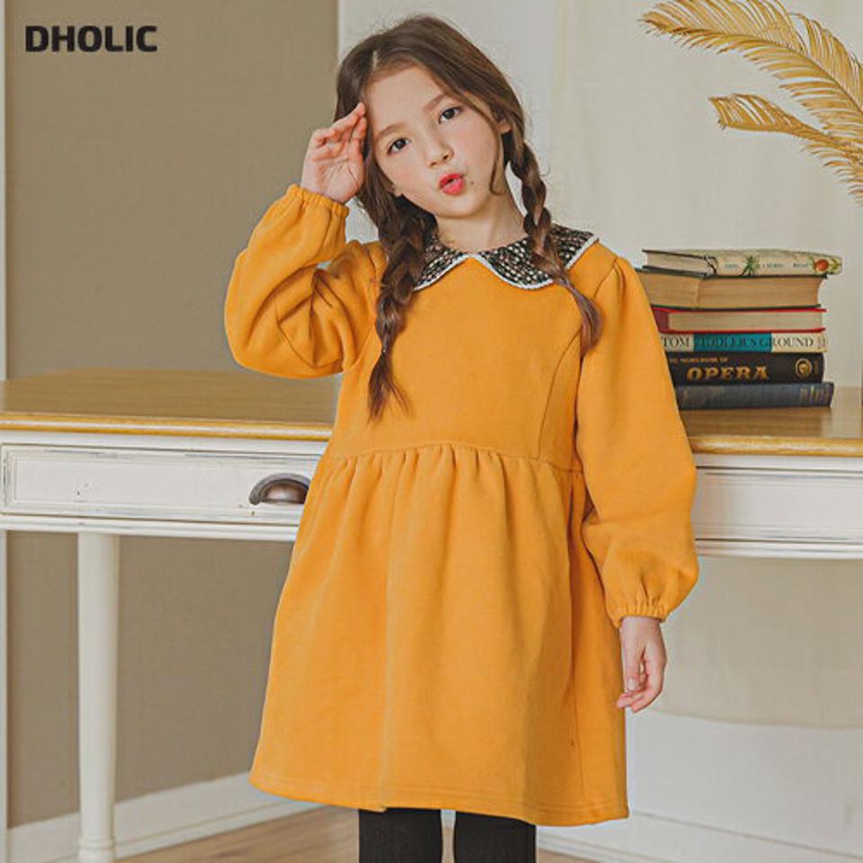 裏起毛花柄カラーワンピース(mustard)・p009857 キッズ【3~8才】【ops】【ワンピース ミディ丈 ミディワンピース 長袖 花柄 フラワー 丸襟 裏起毛 シンプル かわいい 女の子 冬 韓国 韓国子供服 子供 こども 子供服 こども服】【KIDS】