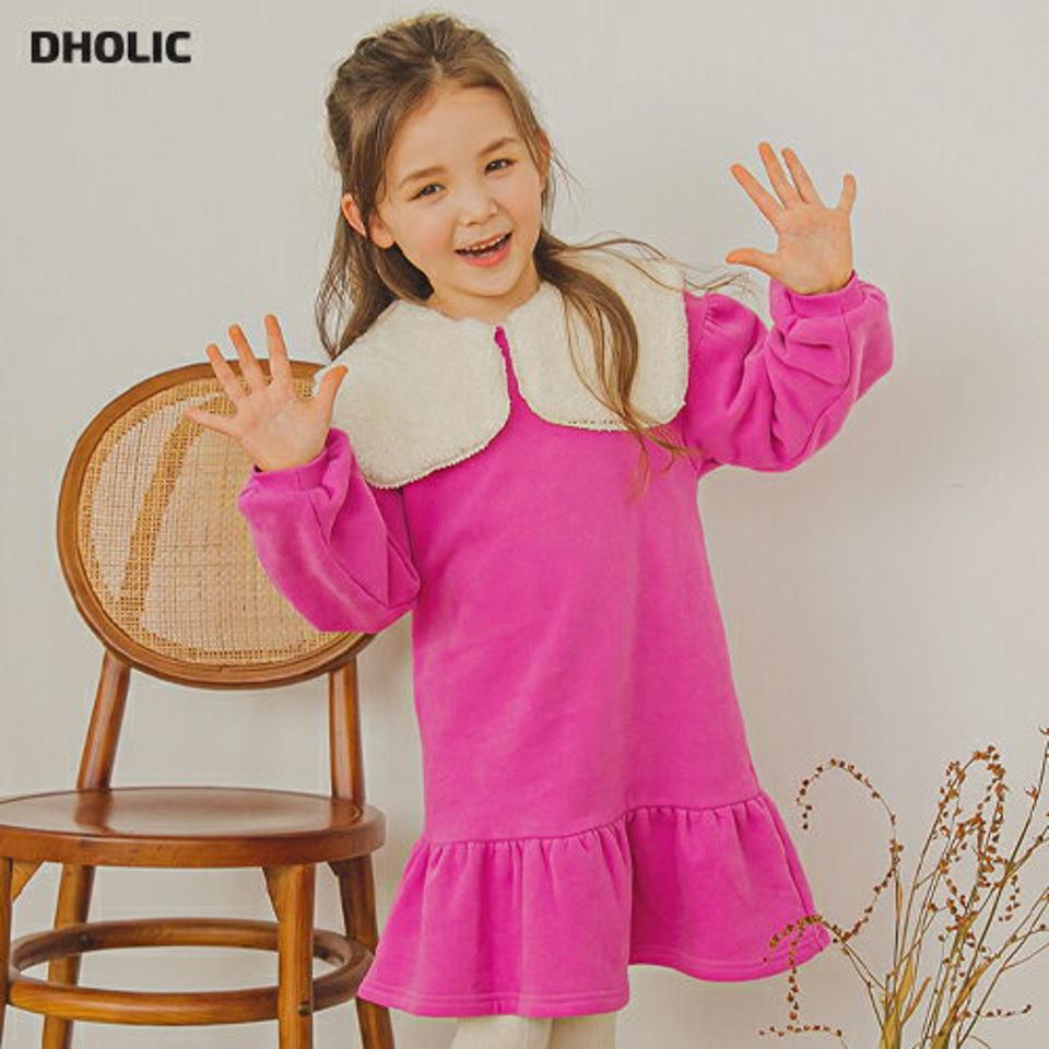 裏起毛ファーカラーワンピース(pink)・p009898 キッズ【3~8才】【ops】【ワンピース ミディ丈 ミディワンピース 長袖 ファー 襟コンシャス 裏起毛 シンプル 女の子 冬 韓国 韓国子供服 子供 こども 子供服 こども服】【KIDS】