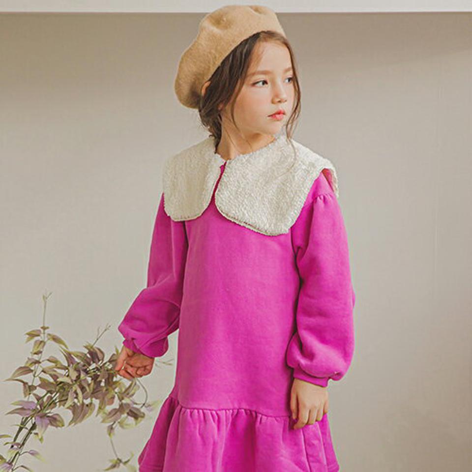 裏起毛ファーカラーワンピース(pink)・p009898 キッズ【3~8才】【ops】【ワンピース ミディ丈 ミディワンピース 長袖 ファー 襟コンシャス 裏起毛 シンプル 女の子 冬 韓国 韓国子供服 子供 こども 子供服 こども服】【KIDS】