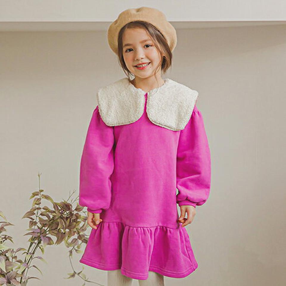 裏起毛ファーカラーワンピース(pink)・p009898 キッズ【3~8才】【ops】【ワンピース ミディ丈 ミディワンピース 長袖 ファー 襟コンシャス 裏起毛 シンプル 女の子 冬 韓国 韓国子供服 子供 こども 子供服 こども服】【KIDS】