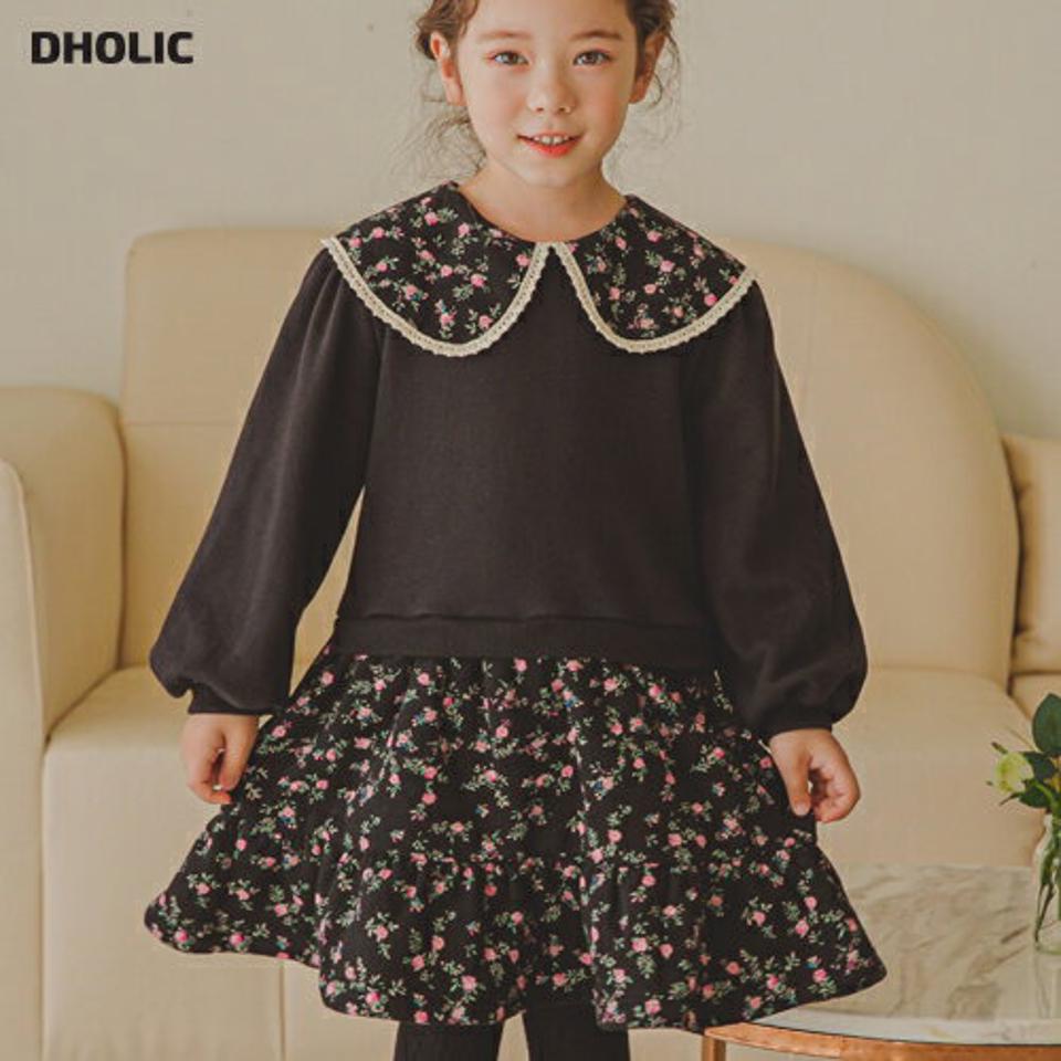 裏起毛花柄ドッキングワンピース(ブラック)・p009848 キッズ【3~8才】【ops】【ワンピース ミディ丈 ミディワンピース 長袖 ドッキング 裏起毛 花柄 フラワー かわいい 女の子 冬 韓国 韓国子供服 子供 こども 子供服 こども服】【KIDS】