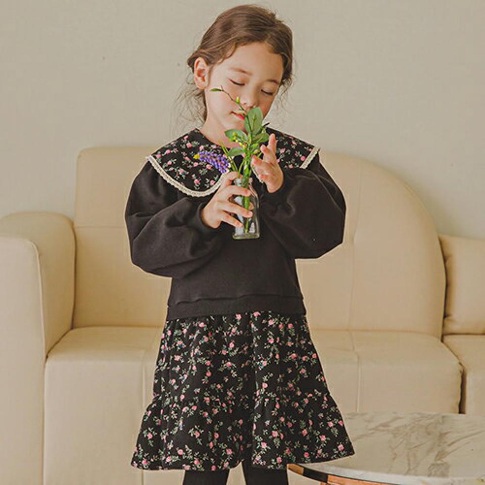 裏起毛花柄ドッキングワンピース(ブラック)・p009848 キッズ【3~8才】【ops】【ワンピース ミディ丈 ミディワンピース 長袖 ドッキング 裏起毛 花柄 フラワー かわいい 女の子 冬 韓国 韓国子供服 子供 こども 子供服 こども服】【KIDS】