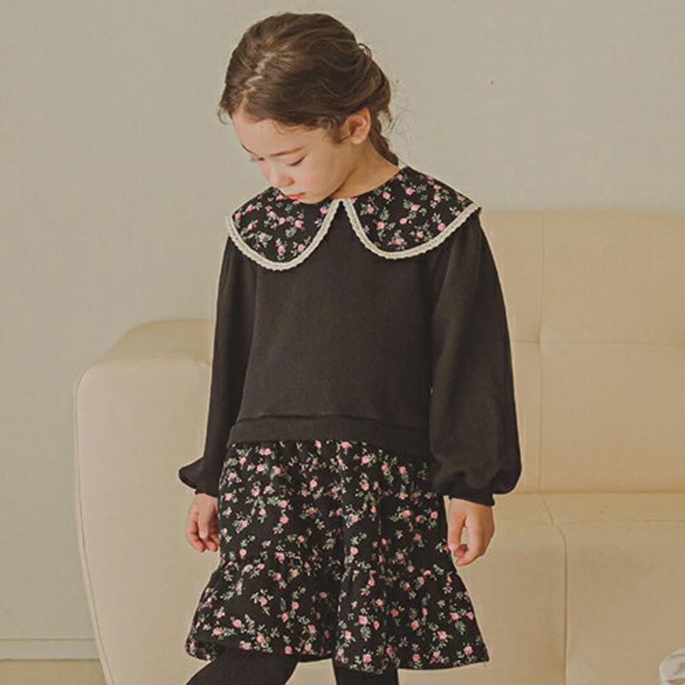 裏起毛花柄ドッキングワンピース(ブラック)・p009848 キッズ【3~8才】【ops】【ワンピース ミディ丈 ミディワンピース 長袖 ドッキング 裏起毛 花柄 フラワー かわいい 女の子 冬 韓国 韓国子供服 子供 こども 子供服 こども服】【KIDS】