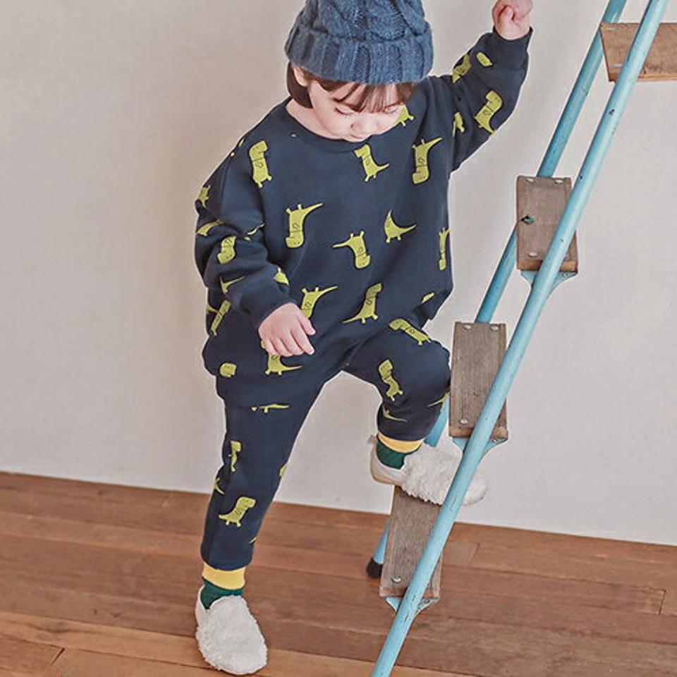 両起毛ダイナソーパターン上下SET・p010389 キッズ【3~8才】【set】【セットアップ setup トップス トレーナー 長袖 パンツ ズボン 長ズボン 恐竜 柄 スウェット 裏起毛 女の子 男の子 冬 韓国 韓国子供服 子供 こども 子供服 こども服】【KIDS】