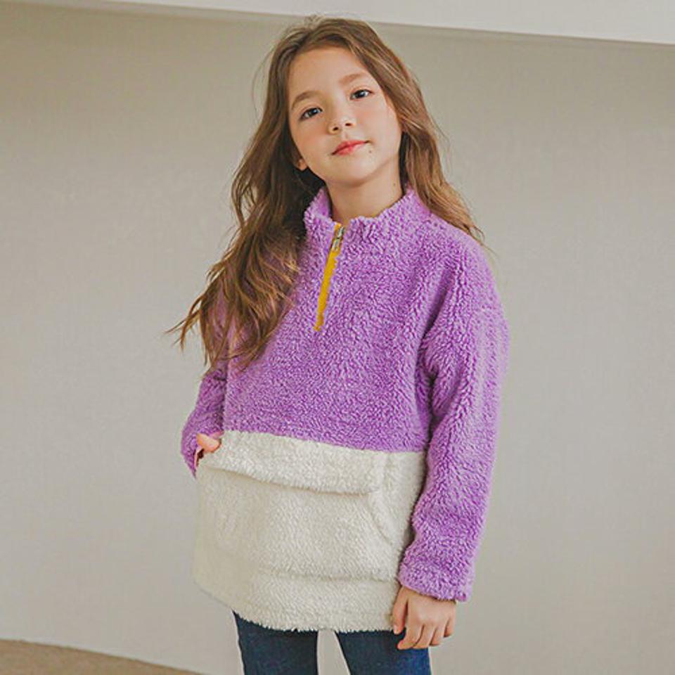 配色ソフトハーフジップTシャツ(purple)・p009883 キッズ【3~8才】【tops】【トップス 長袖 ハーフジップアップ ソフトフリース 配色 カジュアル ラフ 女の子 男の子 秋 冬 韓国 韓国子供服 子供 こども 子供服 こども服】【KIDS】