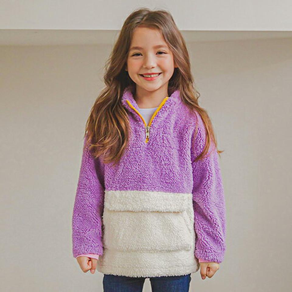 配色ソフトハーフジップTシャツ(purple)・p009883 キッズ【3~8才】【tops】【トップス 長袖 ハーフジップアップ ソフトフリース 配色 カジュアル ラフ 女の子 男の子 秋 冬 韓国 韓国子供服 子供 こども 子供服 こども服】【KIDS】