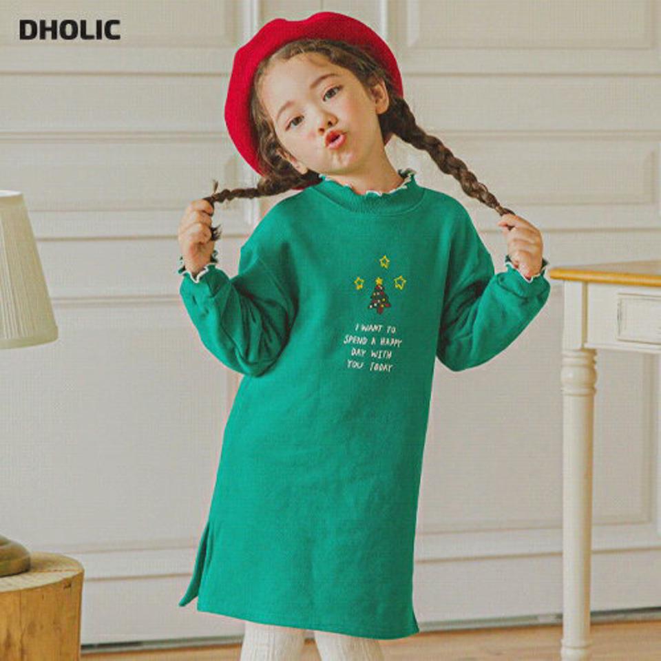 裏起毛ツリー刺繍ワンピース(green)・p009877 キッズ【3~8才】【ops】【ワンピース ミディ丈 ミディワンピース 長袖 刺繍 クリスマス ツリー 裏起毛 かわいい 女の子 冬 韓国 韓国子供服 子供 こども 子供服 こども服】【KIDS】