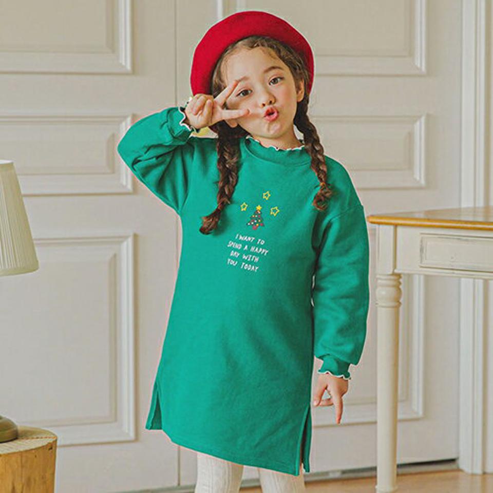 裏起毛ツリー刺繍ワンピース(green)・p009877 キッズ【3~8才】【ops】【ワンピース ミディ丈 ミディワンピース 長袖 刺繍 クリスマス ツリー 裏起毛 かわいい 女の子 冬 韓国 韓国子供服 子供 こども 子供服 こども服】【KIDS】
