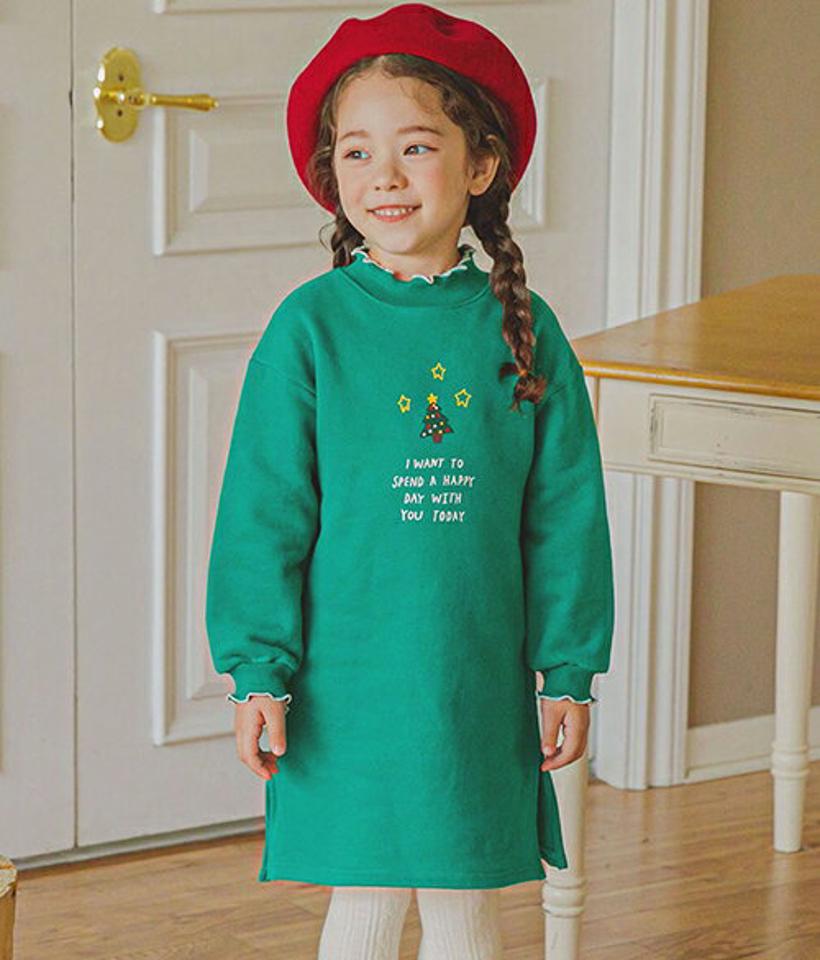 裏起毛ツリー刺繍ワンピース(green)・p009877 キッズ【3~8才】【ops】【ワンピース ミディ丈 ミディワンピース 長袖 刺繍 クリスマス ツリー 裏起毛 かわいい 女の子 冬 韓国 韓国子供服 子供 こども 子供服 こども服】【KIDS】