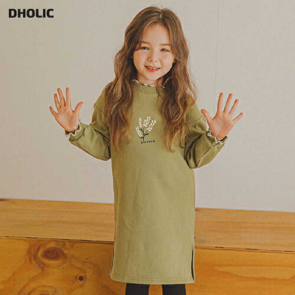 裏起毛ウェーブ花柄刺繍ワンピース(green)・p009869 キッズ【3~8才】【ops】【ワンピース 長袖 ミディ丈 ミディワンピース 花柄 フラワー 刺繍 裏起毛 可愛い かわいい 女の子 冬 韓国 韓国子供服 子供 こども 子供服 こども服】【KIDS】