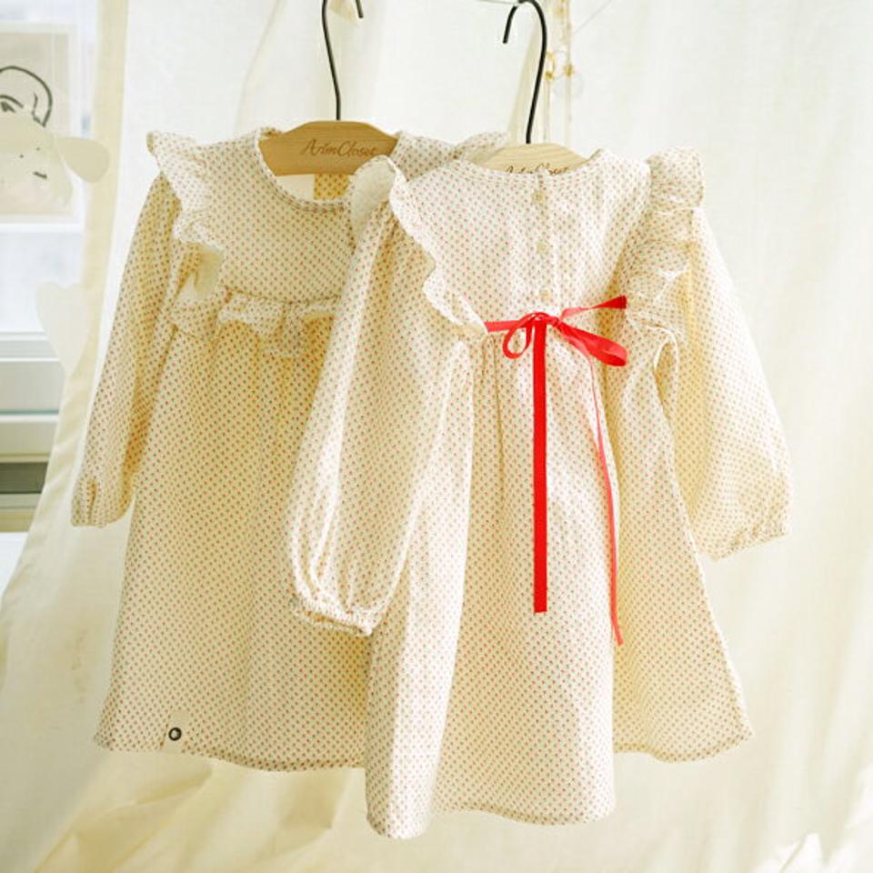 チューリップリボンワンピース・p008598 キッズ【0~2才】【ops】【ワンピース ミディ丈 ミディワンピース 長袖 花柄 フラワー リボン りぼん チューリップ 可愛い かわいい ガーリー 女の子 秋 冬 韓国 韓国子供服 こども 子供服 こども服】【KIDS】