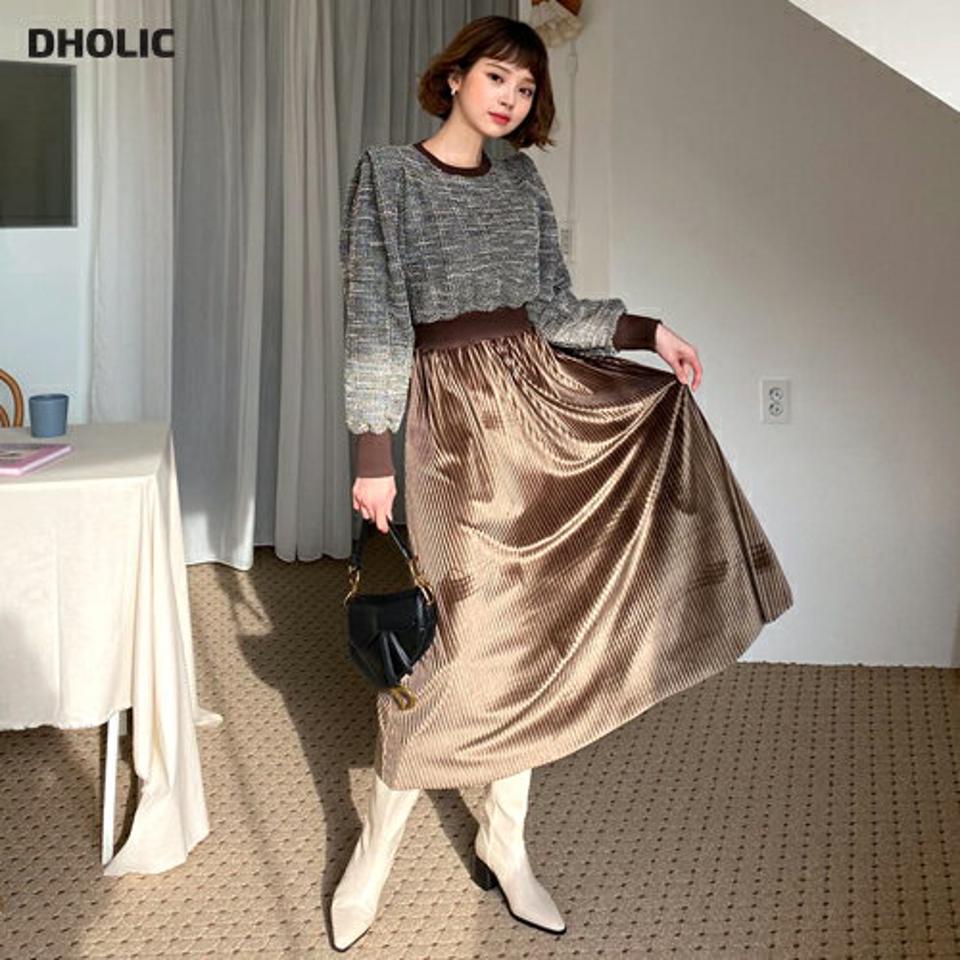 ツイードパフワンピース・全2色・b62247 レディース 【ops】【韓国 ファッション ワンピース ロングワンピース 体型カバー ベロア プリーツ ウエスト パフスリーブ ぼわん袖 ボリューム袖 フレア Aライン ラウンドネック カジュアル 秋 冬】