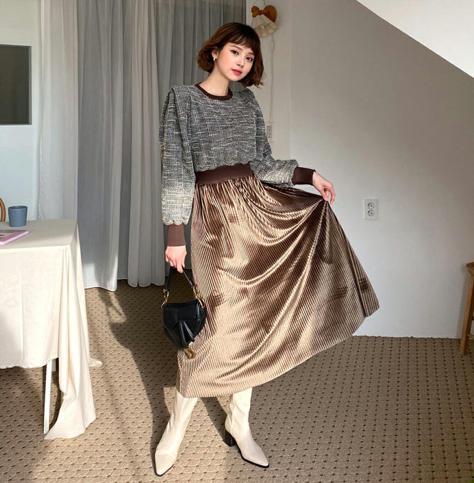 ツイードパフワンピース・全2色・b62247 レディース 【ops】【韓国 ファッション ワンピース ロングワンピース 体型カバー ベロア プリーツ ウエスト パフスリーブ ぼわん袖 ボリューム袖 フレア Aライン ラウンドネック カジュアル 秋 冬】