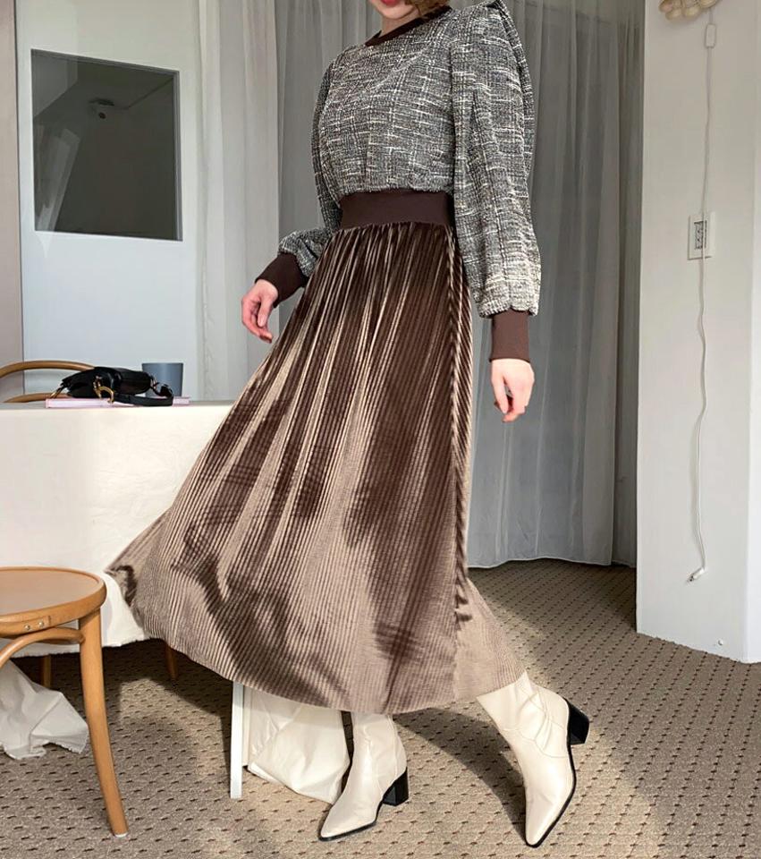 ツイードパフワンピース・全2色・b62247 レディース 【ops】【韓国 ファッション ワンピース ロングワンピース 体型カバー ベロア プリーツ ウエスト パフスリーブ ぼわん袖 ボリューム袖 フレア Aライン ラウンドネック カジュアル 秋 冬】