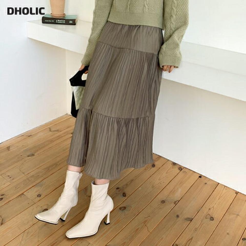 リンクルティアードスカート・全2色・b64665 レディース 【sk】【韓国 ファッション ボトムス スカート ロング フレア Aライン 無地 大人 リンクル シンプル 上品 ウエストゴム カジュアル 秋 冬】