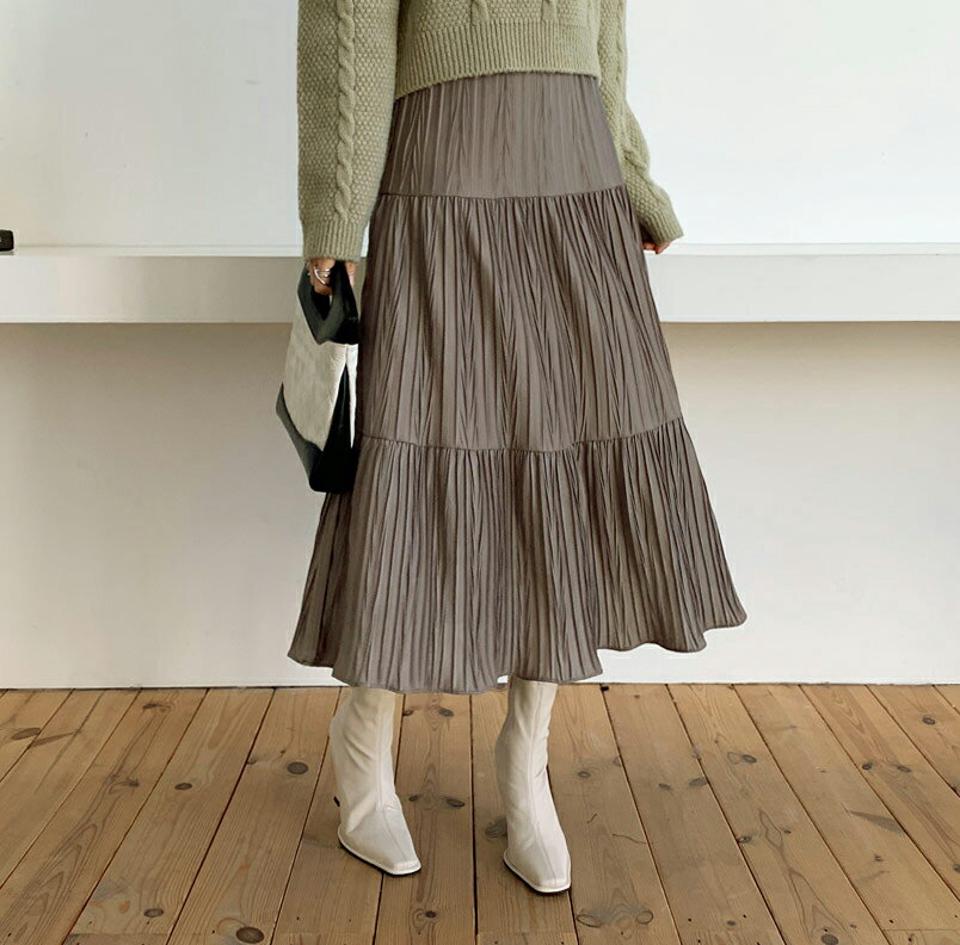 リンクルティアードスカート・全2色・b64665 レディース 【sk】【韓国 ファッション ボトムス スカート ロング フレア Aライン 無地 大人 リンクル シンプル 上品 ウエストゴム カジュアル 秋 冬】