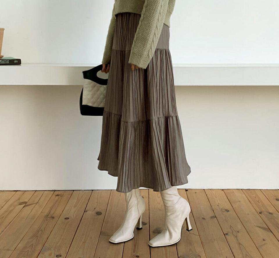 リンクルティアードスカート・全2色・b64665 レディース 【sk】【韓国 ファッション ボトムス スカート ロング フレア Aライン 無地 大人 リンクル シンプル 上品 ウエストゴム カジュアル 秋 冬】