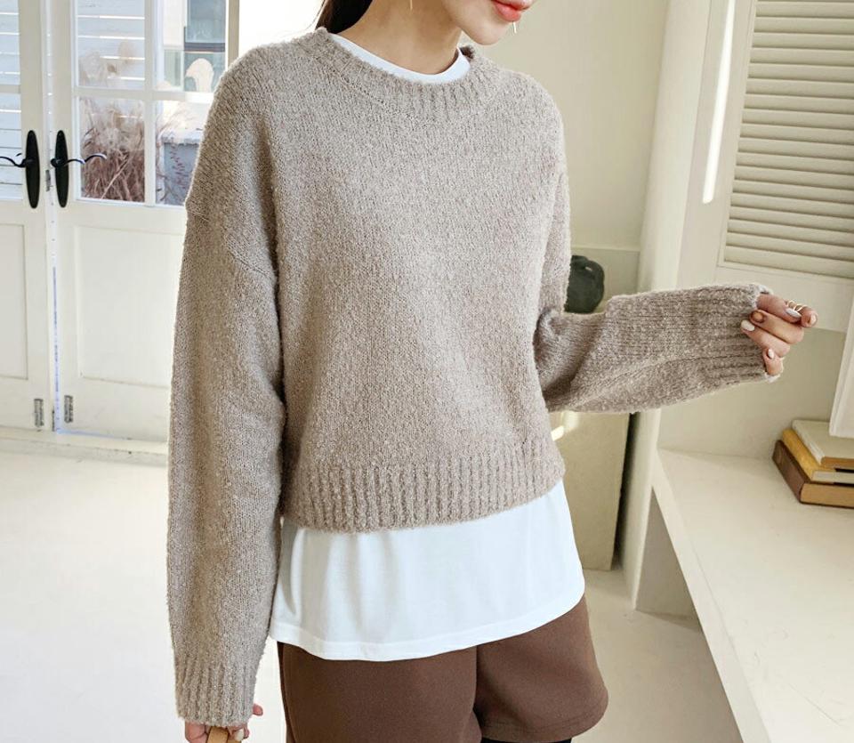 ラウンドクロップドニット・全4色・b64661 レディース 【tops】韓国ファッション トップス ニット ラウンドネック 長袖 年上 ロングスリーブ ルーズ 無地 ソフト ドロップショルダー カジュアル 秋 冬