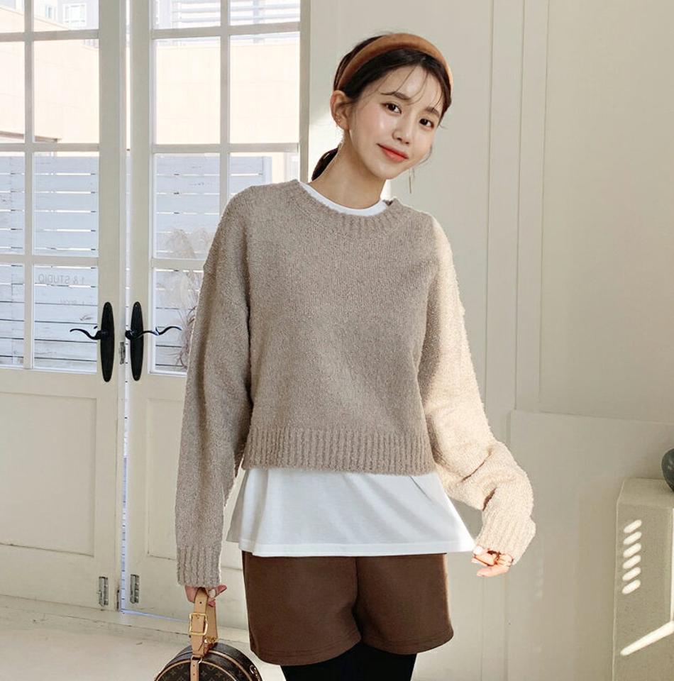 ラウンドクロップドニット・全4色・b64661 レディース 【tops】韓国ファッション トップス ニット ラウンドネック 長袖 年上 ロングスリーブ ルーズ 無地 ソフト ドロップショルダー カジュアル 秋 冬