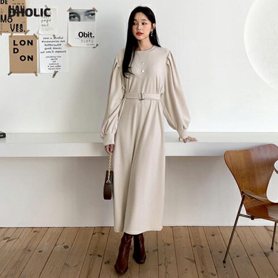 【只今10%OFF】ベルト付ワンピース・全3色・t64680 レディース 【ops】【韓国 ファッション ワンピース ロング ラウンドネック 長袖 パフスリーブ Hライン ルーズ 体型カバー ぼわん袖 ボリューム袖 無地 Tシャツ カットソー ウエストマーク カジュアル 秋 冬】