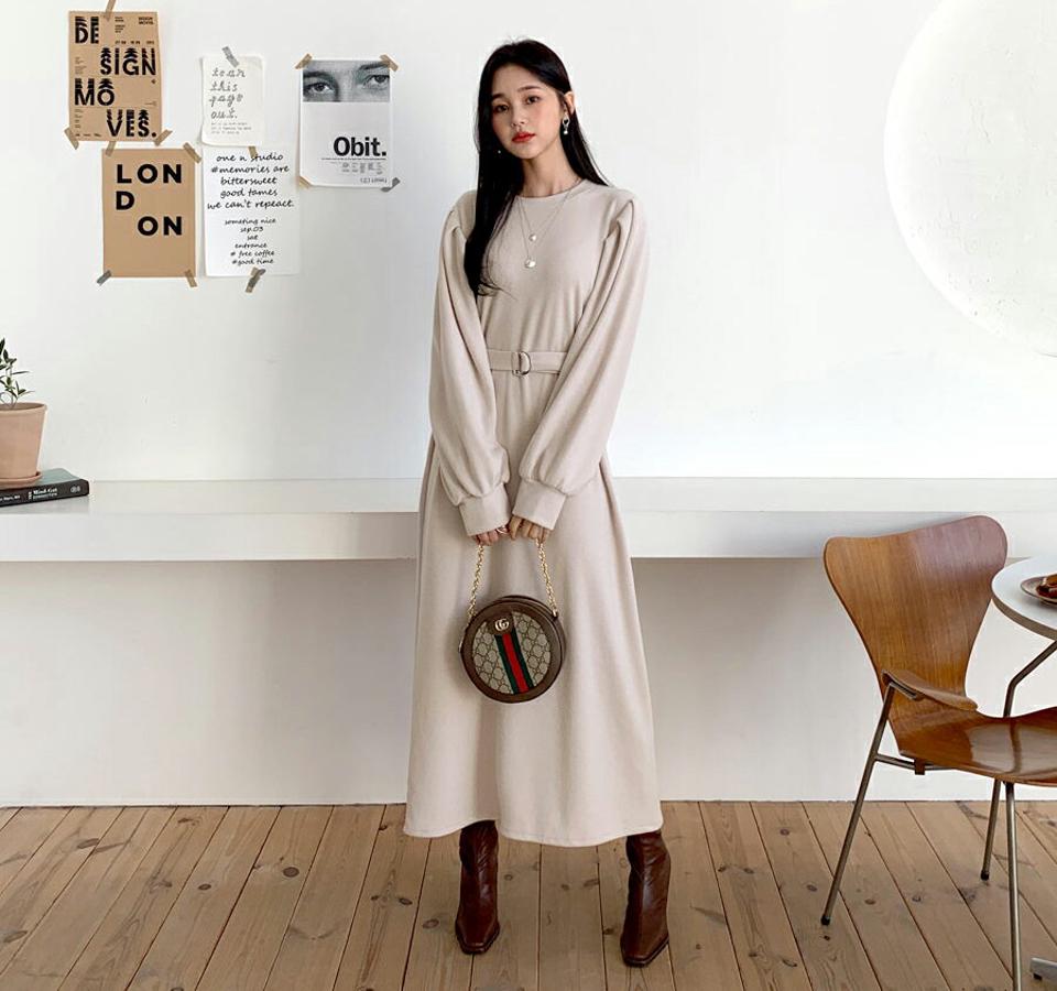 【只今10%OFF】ベルト付ワンピース・全3色・t64680 レディース 【ops】【韓国 ファッション ワンピース ロング ラウンドネック 長袖 パフスリーブ Hライン ルーズ 体型カバー ぼわん袖 ボリューム袖 無地 Tシャツ カットソー ウエストマーク カジュアル 秋 冬】