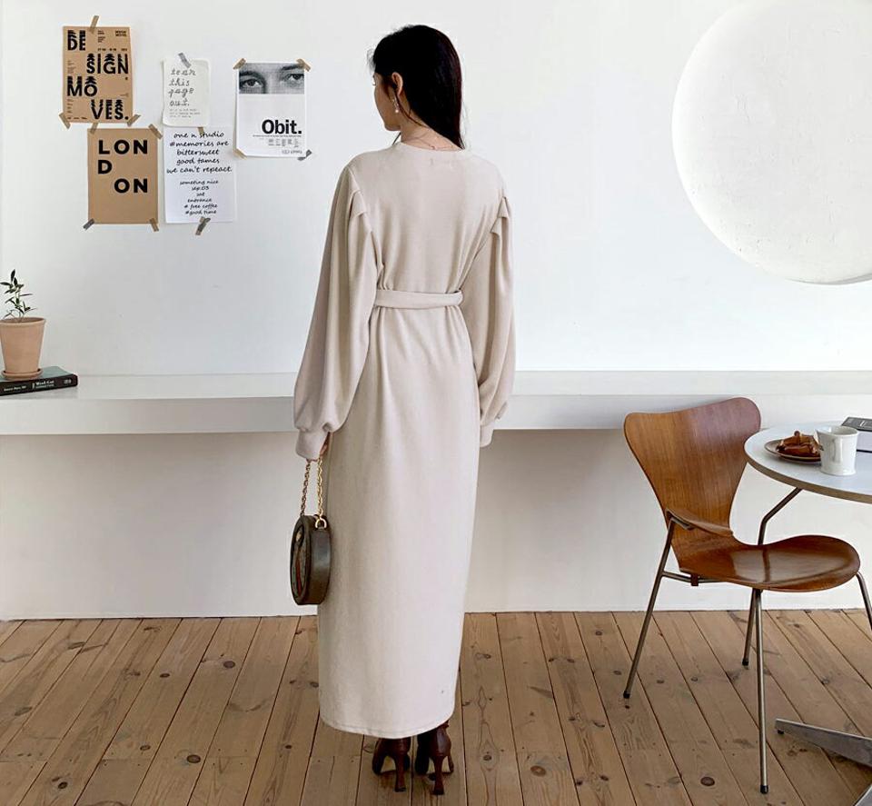 【只今10%OFF】ベルト付ワンピース・全3色・t64680 レディース 【ops】【韓国 ファッション ワンピース ロング ラウンドネック 長袖 パフスリーブ Hライン ルーズ 体型カバー ぼわん袖 ボリューム袖 無地 Tシャツ カットソー ウエストマーク カジュアル 秋 冬】