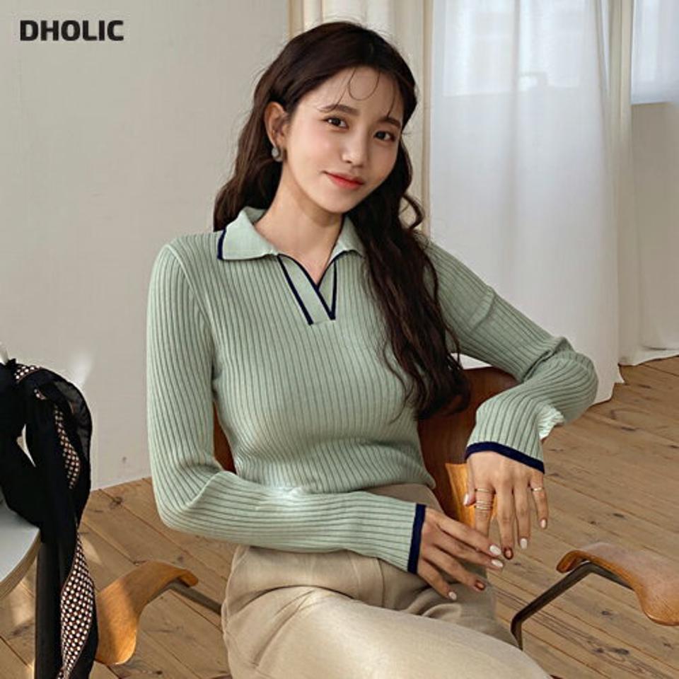 リブ配色カラーニット・全4色・b64646 レディース 【tops】【韓国 ファッション トップス ニット カラー 襟 スリットネック スキッパー リブニット スリム 細身 タイト カジュアル 秋 冬】