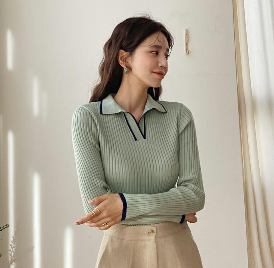 リブ配色カラーニット・全4色・b64646 レディース 【tops】【韓国 ファッション トップス ニット カラー 襟 スリットネック スキッパー リブニット スリム 細身 タイト カジュアル 秋 冬】