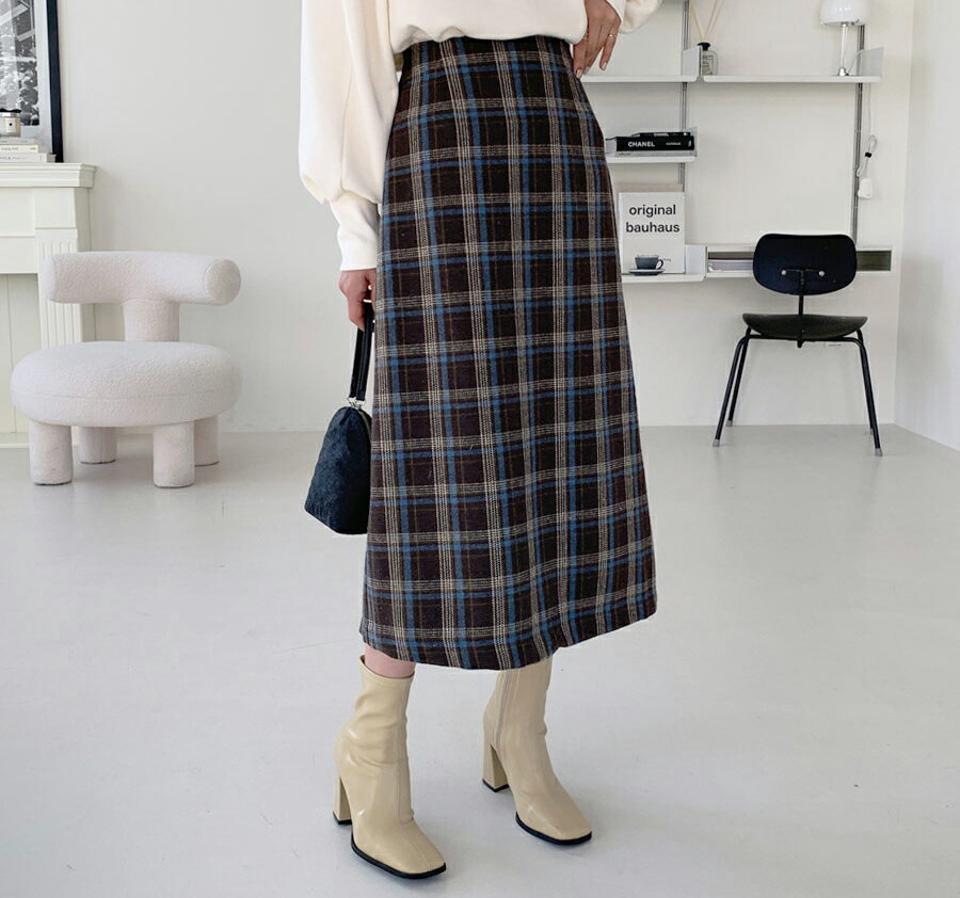 チェックAラインスカート・全2色・t64674 レディース 【sk】【韓国 ファッション ボトムス スカート ロング フレア Aライン 柄 パターン ウエストゴム ビンテージ レトロ カジュアル 秋 冬】