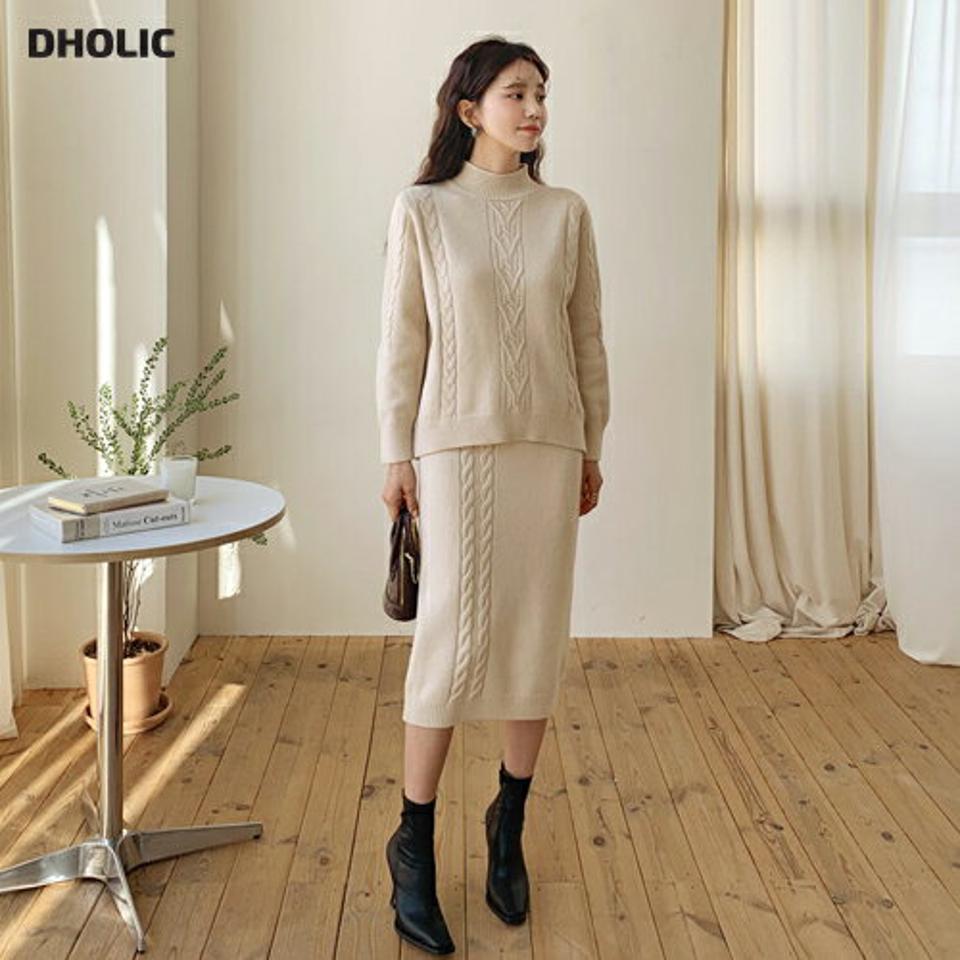 【全品10%OFF】ツイストニット&スカートSET・全2色・e64658 レディース 【ops】【韓国 ファッション セットアップ ニット ハーフネック モックネック 長袖 ケーブルニット スカート ロング ミモレ Hライン スリム 細身 タイトスカート ペンシルスカート 秋 冬】