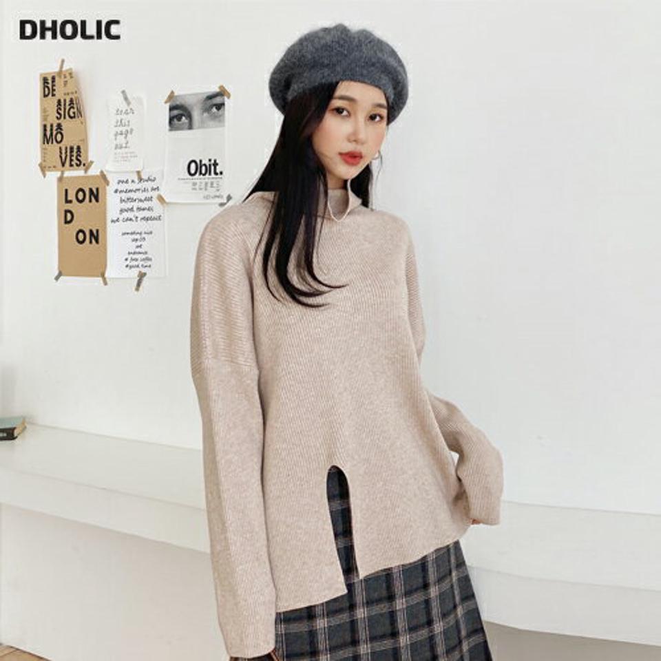 リブタートルニット・全3色・b64648 レディース 【tops】【韓国 ファッション トップス ニット タートルネック ハイネック リブニット ルーズ ゆったり ロング フロントスリット ロングスリーブ 長袖 ドロップショルダー 体型カバー カジュアル 秋 冬】