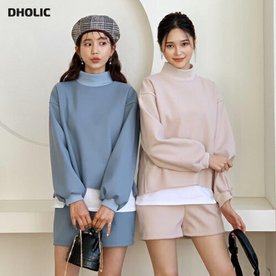 ウール混Tシャツ&ショートパンツSET・全4色・t64685 レディース 【pt】【韓国 ファッション セットアップ カットソー ハーフネック モックネック 長袖 ルーズ パフスリーブ レイヤード風 レイヤード調 パンツ ショート ハイウエスト カジュアル 秋 冬】