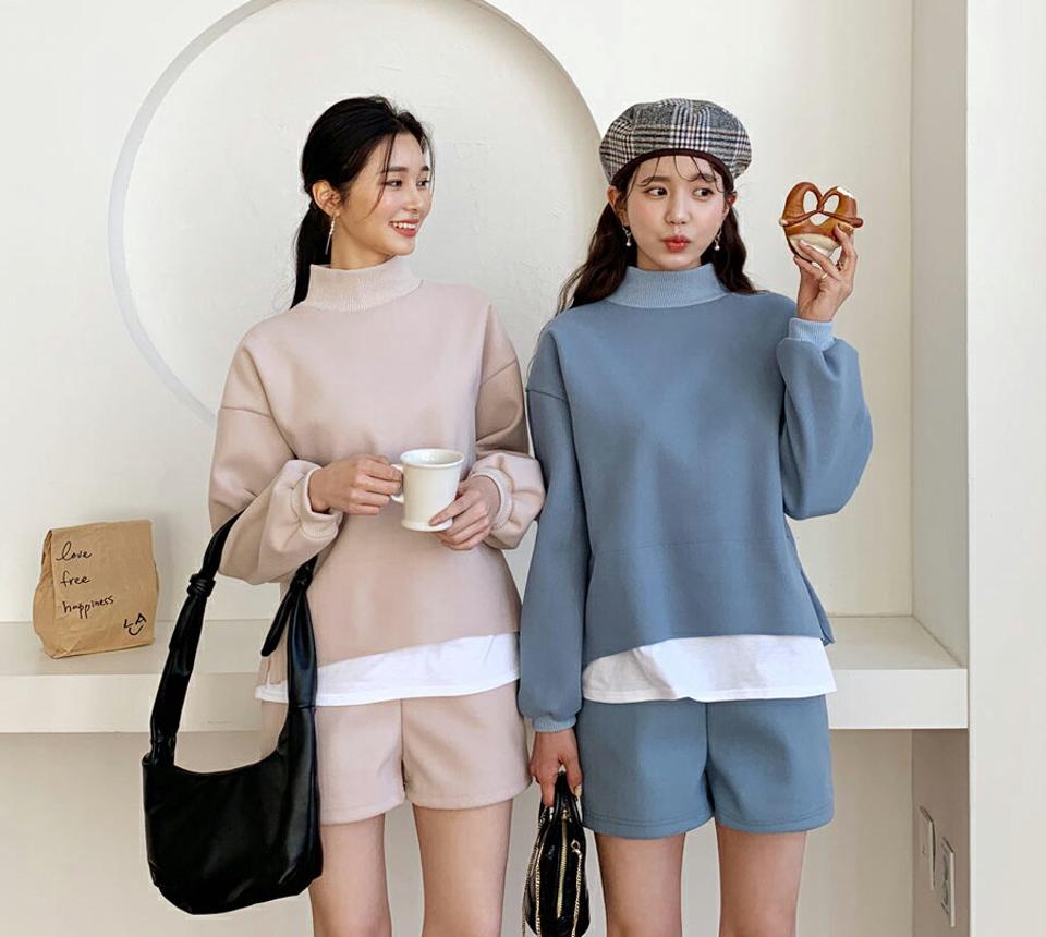 ウール混Tシャツ&ショートパンツSET・全4色・t64685 レディース 【pt】【韓国 ファッション セットアップ カットソー ハーフネック モックネック 長袖 ルーズ パフスリーブ レイヤード風 レイヤード調 パンツ ショート ハイウエスト カジュアル 秋 冬】