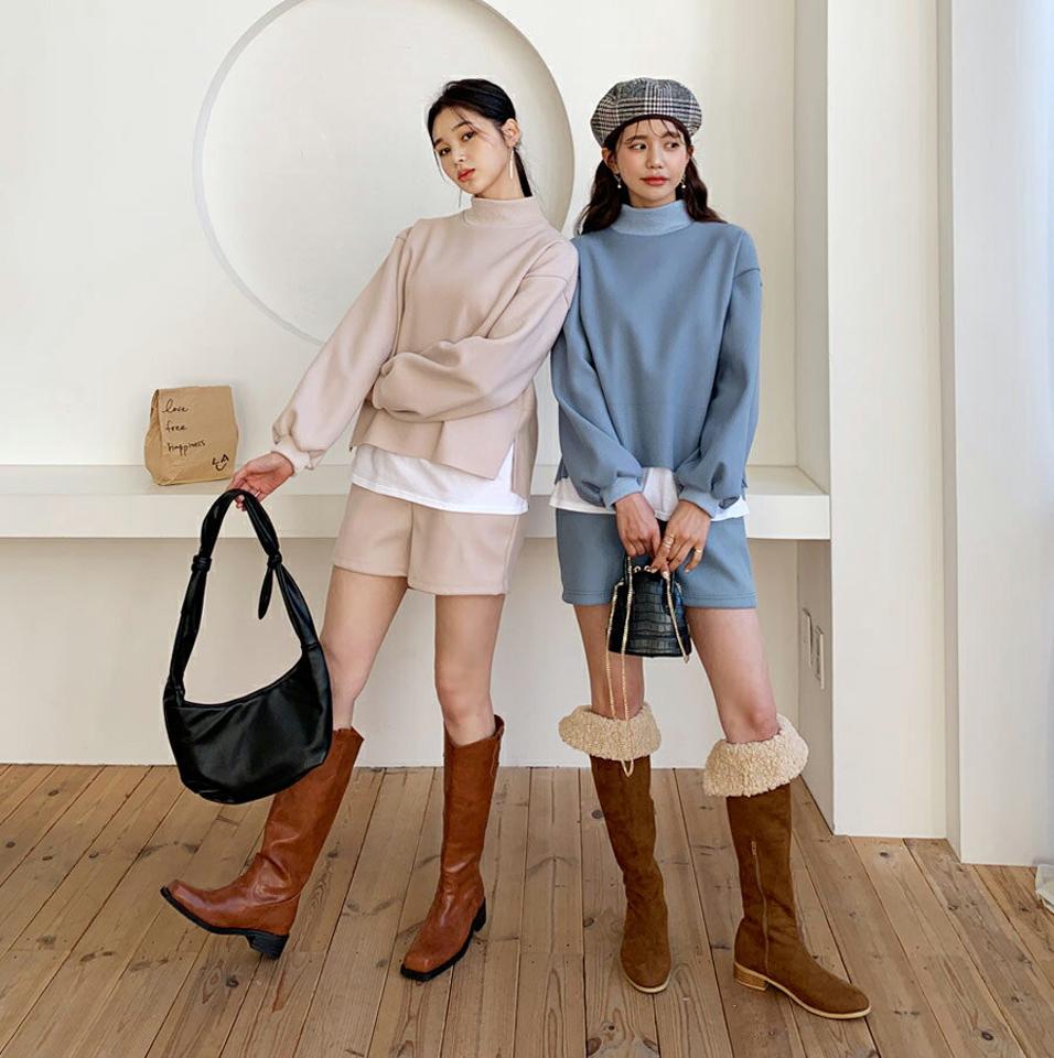 ウール混Tシャツ&ショートパンツSET・全4色・t64685 レディース 【pt】【韓国 ファッション セットアップ カットソー ハーフネック モックネック 長袖 ルーズ パフスリーブ レイヤード風 レイヤード調 パンツ ショート ハイウエスト カジュアル 秋 冬】