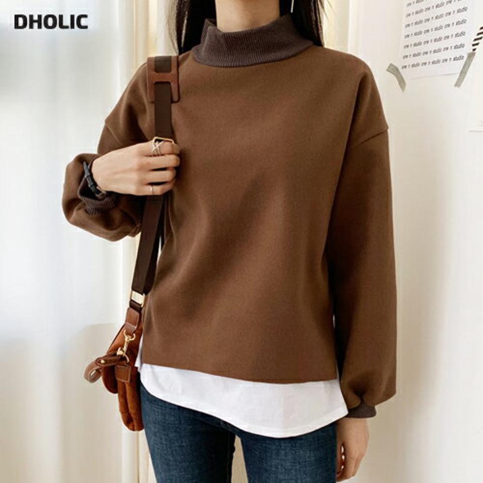 ウール混スウェット・全4色・t64684 レディース 【tops】【韓国 ファッション トップス Tシャツ トレーナー カットソー ハーフネック モックネック 長袖 ルーズ パフスリーブ レイヤード風 レイヤード調 無地 カジュアル 秋 冬】