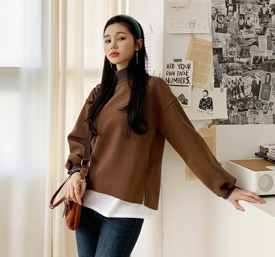 ウール混スウェット・全4色・t64684 レディース 【tops】【韓国 ファッション トップス Tシャツ トレーナー カットソー ハーフネック モックネック 長袖 ルーズ パフスリーブ レイヤード風 レイヤード調 無地 カジュアル 秋 冬】