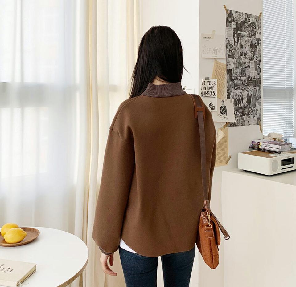 ウール混スウェット・全4色・t64684 レディース 【tops】【韓国 ファッション トップス Tシャツ トレーナー カットソー ハーフネック モックネック 長袖 ルーズ パフスリーブ レイヤード風 レイヤード調 無地 カジュアル 秋 冬】