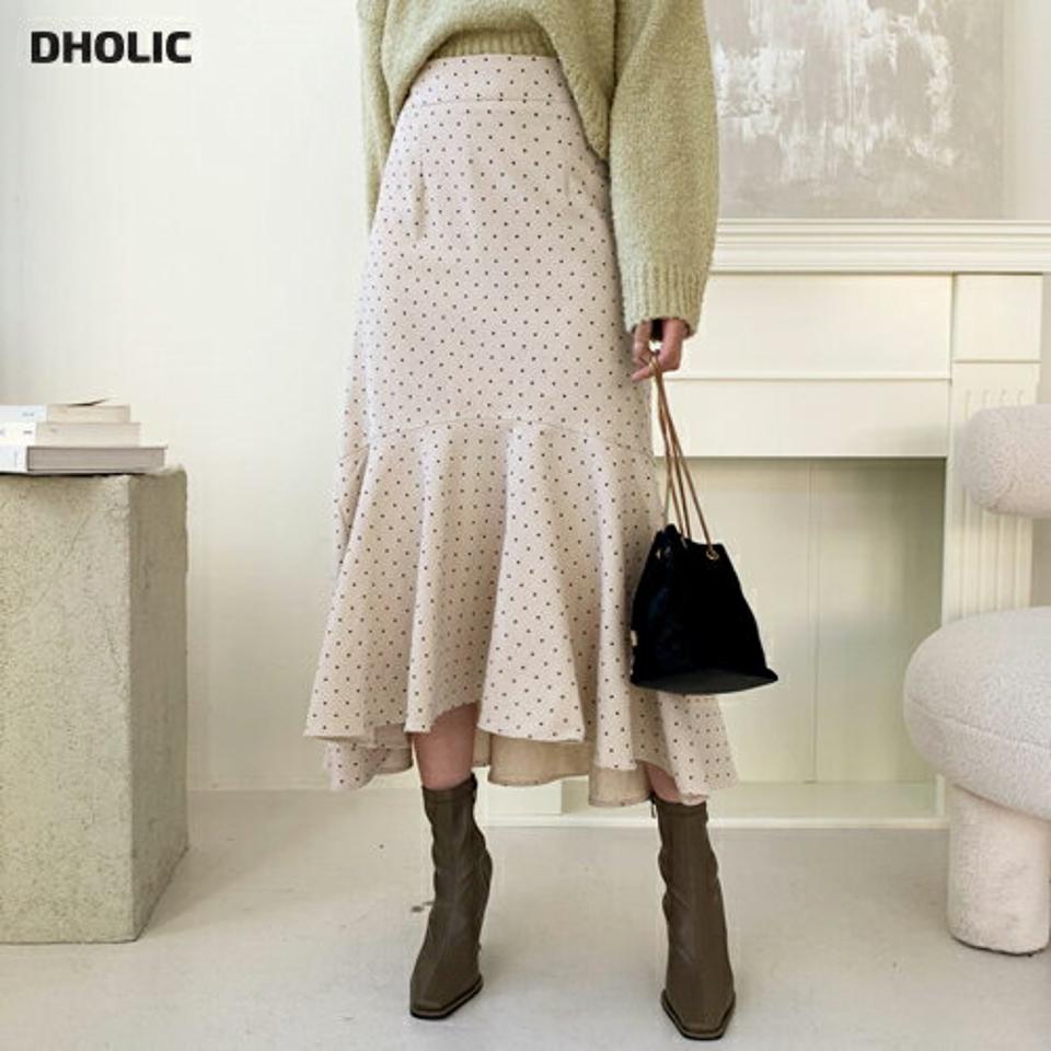 ドットフレアスカート・全3色・b64670 レディース 【sk】【韓国 ファッション ボトムス スカート ロング フレア Aライン 柄 パターン ウエストゴム アンバランス フレアヘム カジュアル 秋 冬】